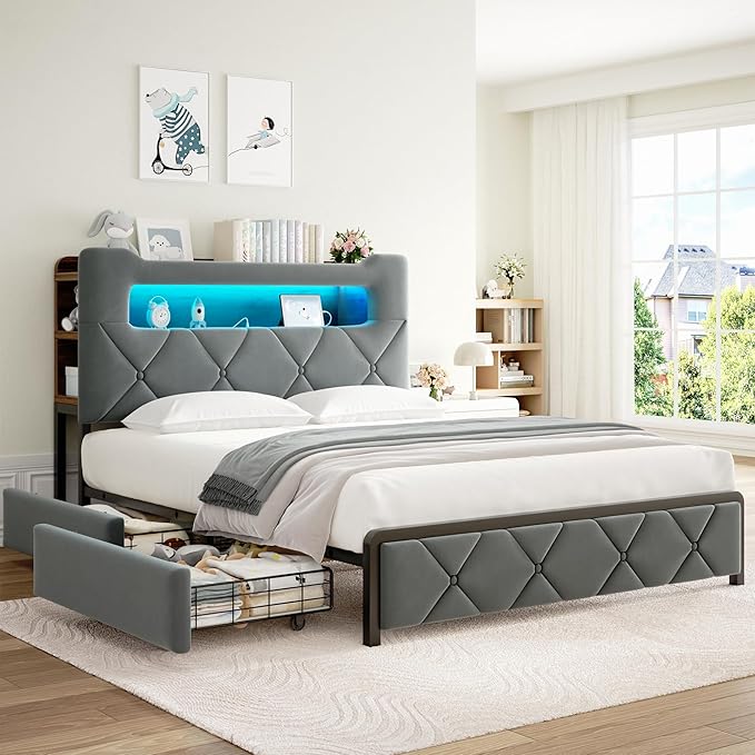 Queen Upholstered LED Bed Frame with 2 Storage Drawers and 2-Tier Storage Headboard, Velvet Platform Bed with Charging Station & Bookcase, Heavy Duty Metal Support, No Box Spring Needed, Grey