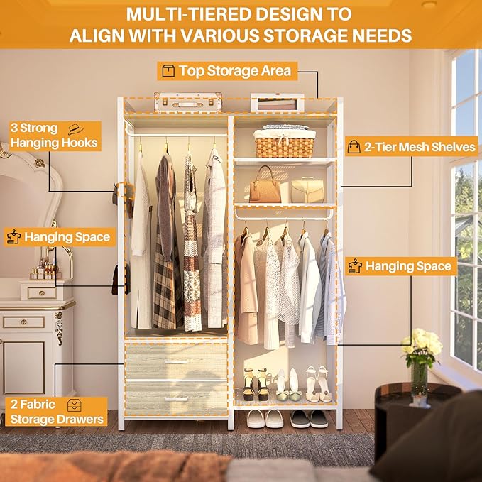 78.7'' Clothes Rack for Hanging Clothes - Reversible Clothing Rack with 2 Drawers, Heavy Duty Garment Racks with Shelves, 6 Tiers Freestanding Closet Wardrobe System with Hanging Hooks, White Oak