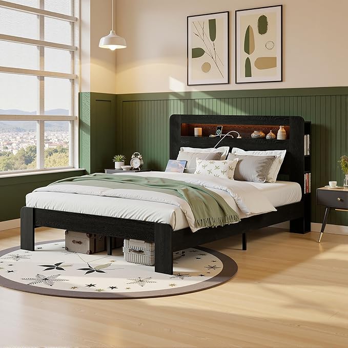 King Bed Frame with Headboard, Wooden Platform Bed Frame King Size with Bookcase Shelf, LED Lights, Charging Station, Heavy Duty Supports, No Box Spring Needed,Dark Black