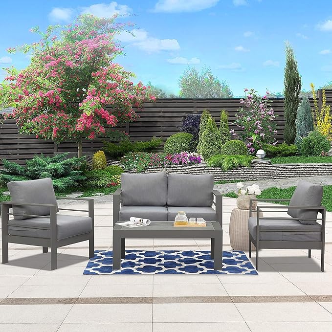 Wisteria Lane Outdoor Patio Furniture Set, 4 Pieces Aluminum Sectional Sofa, Metal Patio Conversation Set with Loveseat, 5 Inch Grey Cushion and Coffee Table (Dark Grey & Grey)