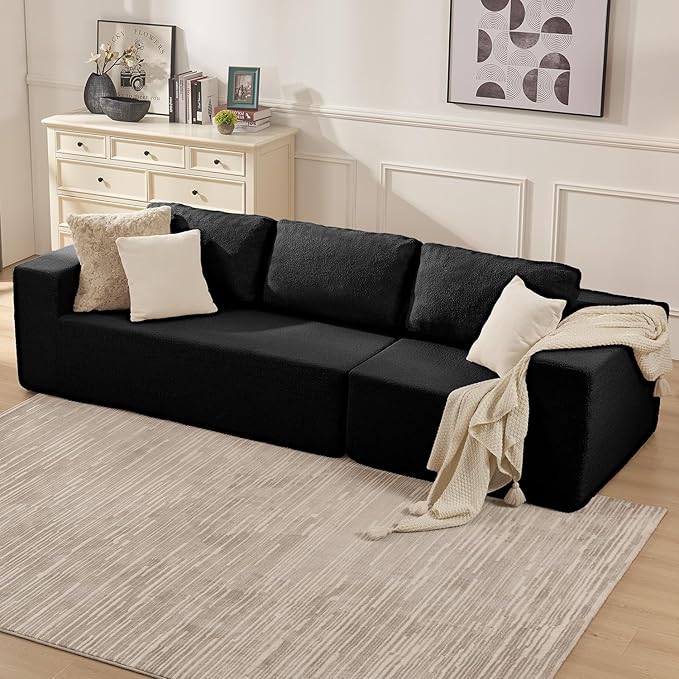 67" Loveseat Sofa, Cloud Modular Couch, Upholstered Floor Sofa with Deep Seat, Upholstered Foam Sofa for Bedroom Living Room, No Assembly Required (Black, Teddy Boucle)