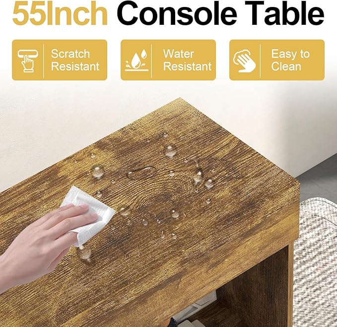 55 Inches Console Table,4 Cubes Narrow Entryway Table,3 Tier Wood Behind Couch Sofa Table,TV Console with Storage for Living Room,Hallway,Entrance,Foyer (Bright Brown)