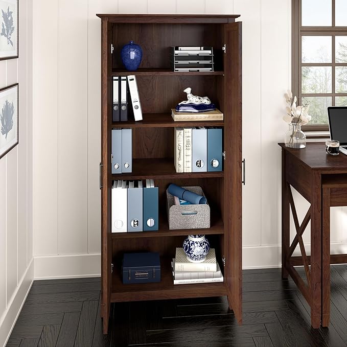 Bush Furniture Key West Tall Storage Cabinet with Doors and Shelves in Bing Cherry, 2 Door Organizer for Home Office, Living Room, Entryway