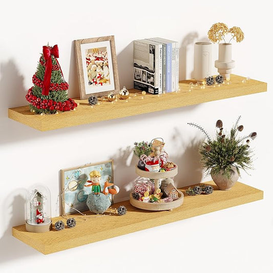 Vivelove 10" Deep Floating Shelves with Invisible Brackets, 36" Wall Shelves for Bathroom Bedroom Kitchen Living Room Laundry Room, Modern Rustic Shelves for Home Decor, 36"x10.2"x1.5", Set of 2, Oak