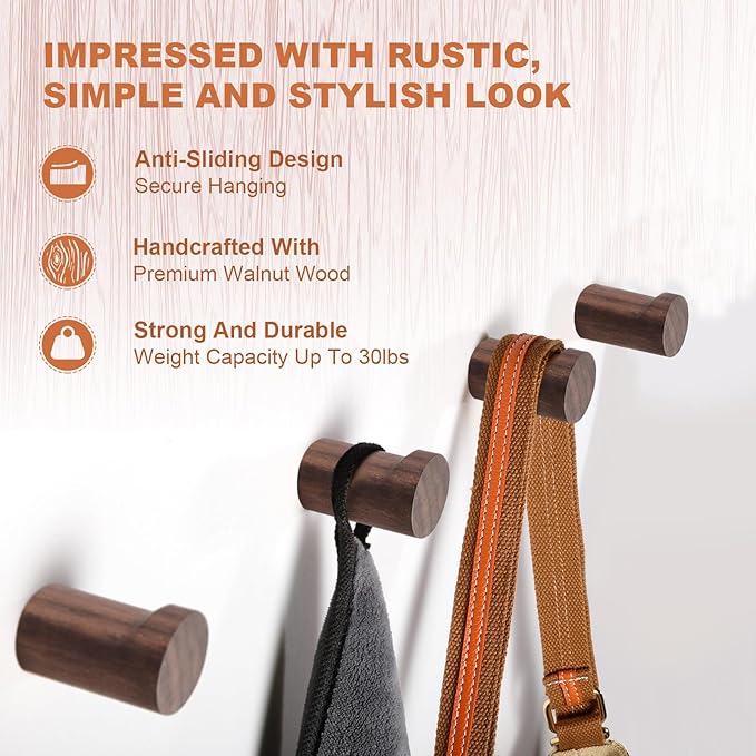 Wood Wall Hooks, 4 Pack Wooden Coat Hooks Wall Mounted, Rustic Hat Hooks Heavy Duty Entryway Wall Hangers for Hanging Purse, Towels, Clothes, Backpack