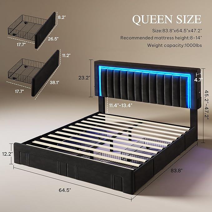 DWVO Queen Size Bed Frame with Adjustable Headboard, 4 Storage Drawers and RGB LED Lights, Velvet Upholstered Platform Bed with USB Ports, No Box Spring Needed, Fast Assembly, Noise-Free, Black