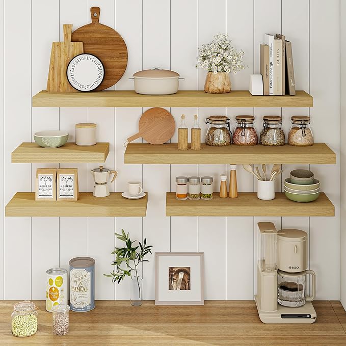 Fun Memories Floating Shelves 48 Inch Long, 9.3Inch Deep Floating Shelves for Wall, Extra Deeper & Thicker Wall Mounted Storage Shelf for Kitchen, Farmhouse, Oak, 2 Pack