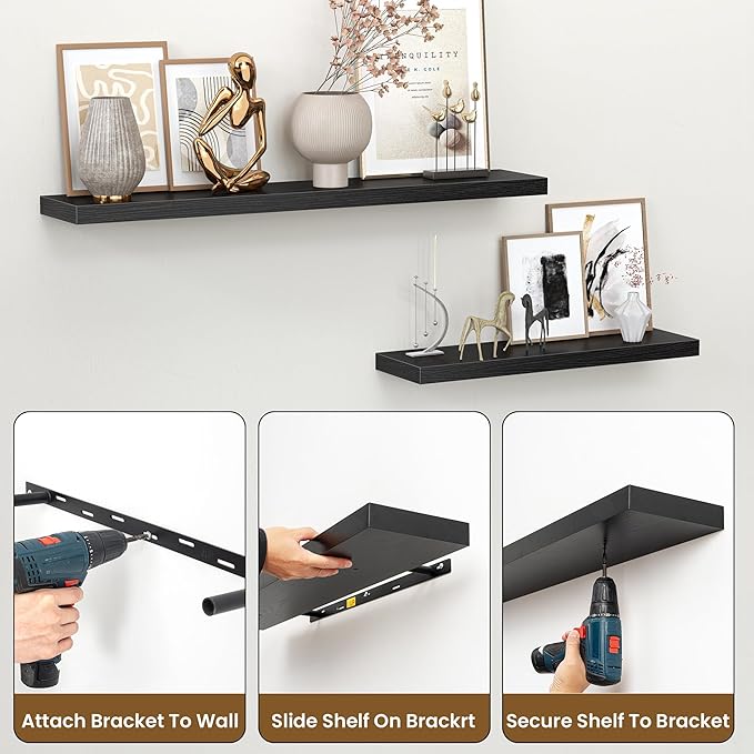 Heimlove 36 Inch Floating Shelves for Wall,Mounted Storage & Display Wood Shelves with Invisible Brackets,Hanging Shelf for Bedroom Living Room Kitchen Office,Set of 2,Black