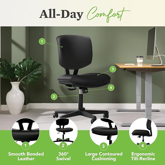 HON Volt Armless Office Desk Chair Comfy, Ergonomic Recline, Softhread Leather Back Seat, Swivel Desk Chair, Black