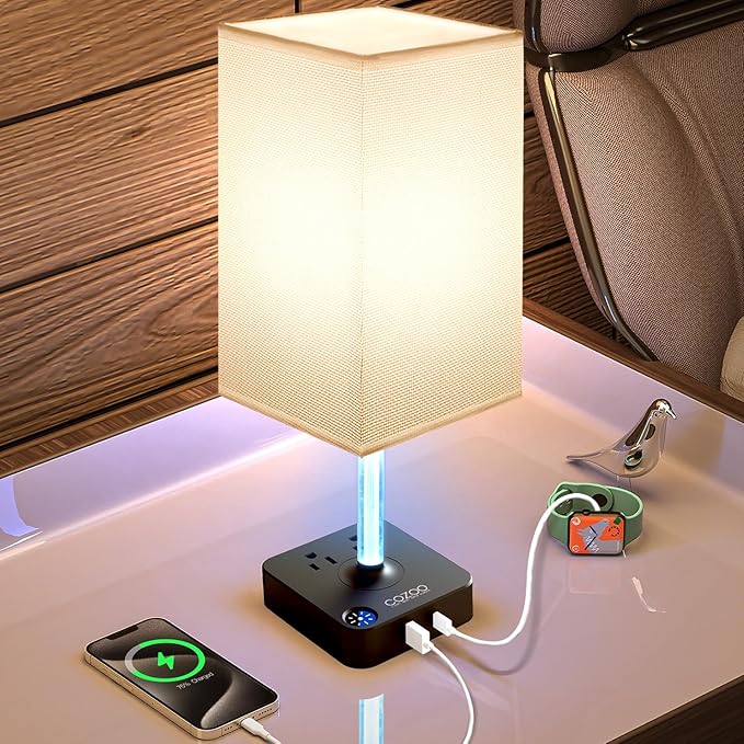COZOO 3 Way Dimmable Touch Bedside Table Lamp with 2 USB Charging Ports 2 Outlets Power Strip,Black Charger Base White Fabric Shade,LED Desk Night Light for Bedroom/Nightstand/Living Room/College Dorm