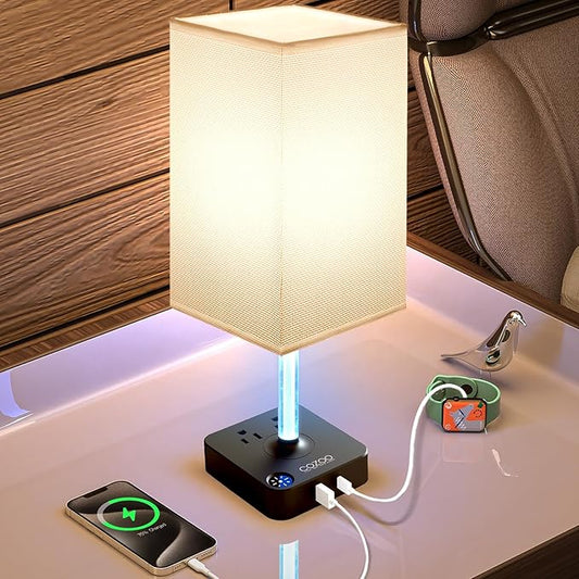 COZOO 3 Way Dimmable Touch Bedside Table Lamp with 2 USB Charging Ports 2 Outlets Power Strip,Black Charger Base White Fabric Shade,LED Desk Night Light for Bedroom/Nightstand/Living Room/College Dorm