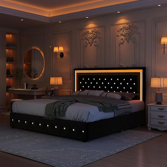 Full Bed Frame with LED Lights, Storage Drawers, No Box Spring Needed, 900 lbs Capacity, Easy Assembly, Velvet Black