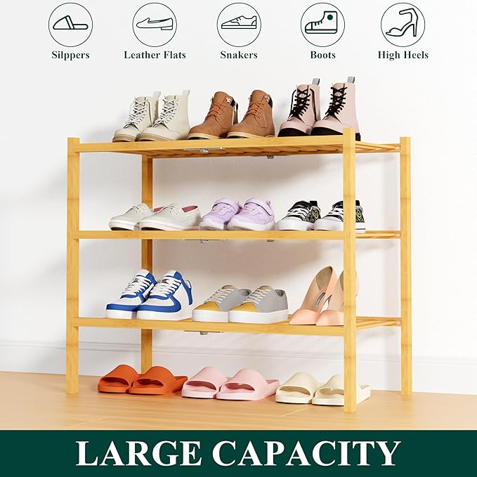Smiry Shoe Rack, 3 Tier Thick Bamboo Shoe Organizer, Stackable Free Standing Wooden Shoe Storage Shelf for Closet, Entryway, Front Door Entrance, Natural