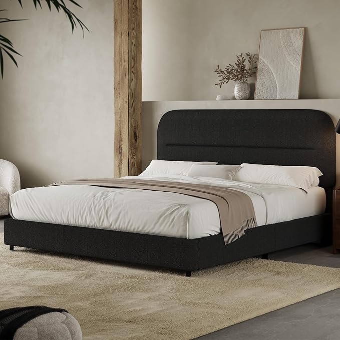 HOMBCK Bed Frame Queen Size, Boucle Upholstered Platform Queen Bed Frame with Headboard, Soft Headboard with Rounded Corners Design, Wood Slats, No Box Spring Required, Easy Assembly, Black