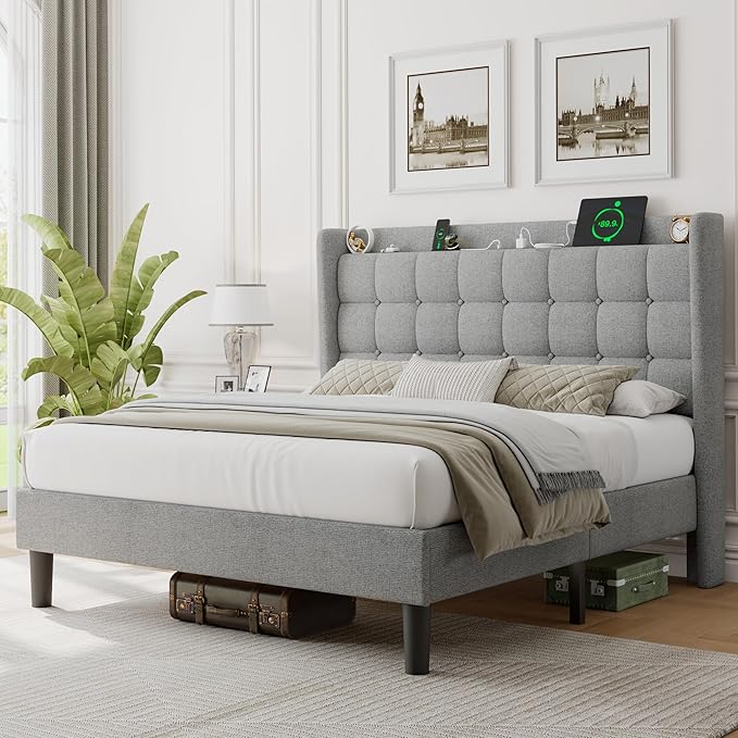 iPormis Full Size Upholstered Platform Bed, Button Tufted Wingback Bed Frame with Charging & Storage Headboard, No Box Spring Needed, Light Gray