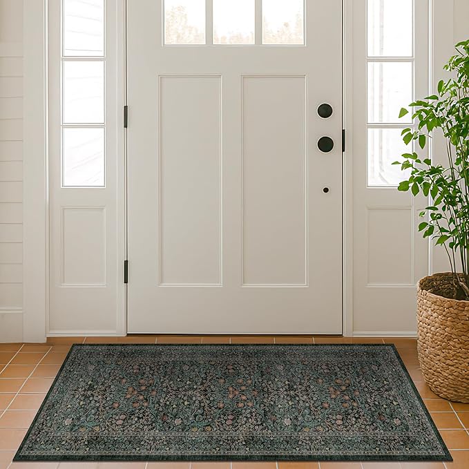 Dark Green 2x5 Runner Rug Non Slip Washable for Bathroom, Kitchen, Floral Boho Low Pile Entryway Rug, Door Mat Indoor Entrance, Small Carpet Runner for Laundry Room