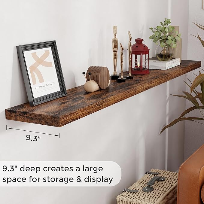 Fun Memories 72 Inch Floating Shelves for Wall, 72x9.3 Large Floating Shelf for Bedroom, Kitchen, Bathroom, Wall Mounted Rustic Wood Shelves with Invisible Bracket for Books, Decor, Rustic Brown