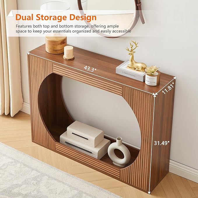 43.3" Console Table with Storage, 2-Tier Wooden Entryway Table with Carving Lines, Mid-Century Modern Accent Rectangular Sofa Table Behind Couch for Foyer, Entrance, Living Room, Hallway (Walnut)