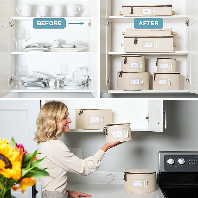 Hard Shell China Storage Containers 8-Piece Set Moving Boxes for Dinnerware, Glasses, Plates, Mugs and Saucers Sturdy Dish Organizer with Dividers for Seasonal Storage - Service for 12 - Beige