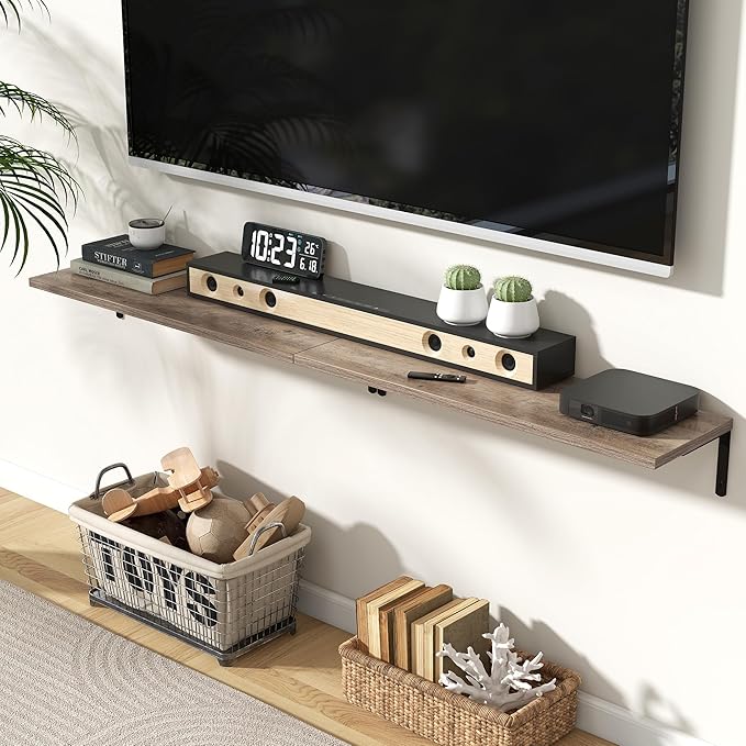 Fun Memories Deep Floating Shelves, 32W x 8D Floating Shelves Set of 2, Wall Mounted Shelf with Metal Brackets, Rustic Wood Wall Shelf for Bathroom, Kitchen and Living Room, Grey