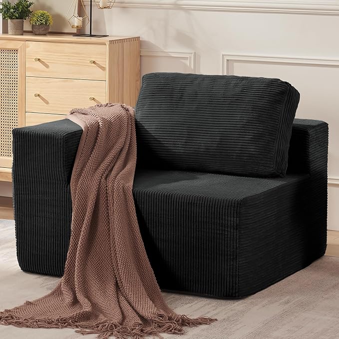 40" Modular Upholstered Foam Couch, Upholstered Floor Sofa Couch with Pillow, Single Sofa for Bedroom Living Room, No Assembly Required (Corduroy Fabric, Black)