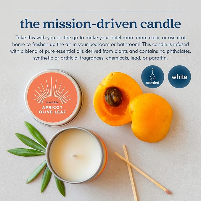 GoodLight Paraffin-Free Scented Candle, Clean Burning Non-Toxic Tin Candles, Apricot Olive Leaf Essential Oil Scented Travel Candle