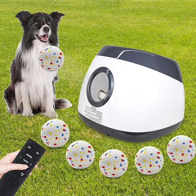 Automatic Dog Ball Launcher, Upgraded Interactive Dog Balls Thrower with 3 Distance 29Ft-79Ft, Remote Control Ball Launcher for Medium&Large Dogs, 5 Etpu Balls Included (Silver Grey