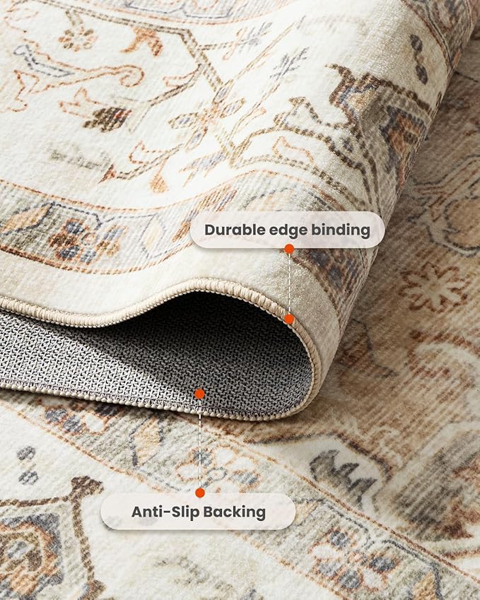 Amada 8x10 Area Rugs, Low-Profile Large Washable Area Rug with Non-Slip Backing & Durable Edge Binding, Vintage Rugs for Living Room, Bedroom, Dinning Room