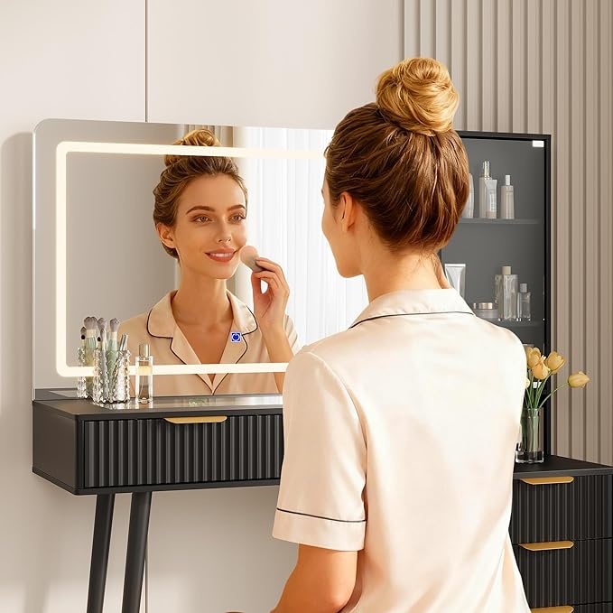 Makeup Vanity Desk with Mirror and Lights, 48" Fluted Makeup Table with Glass Top, Vanity Desk with 5 Drawers, Open Shelf & Power Outlet, Modern Dressing Table for Bedroom Living Room