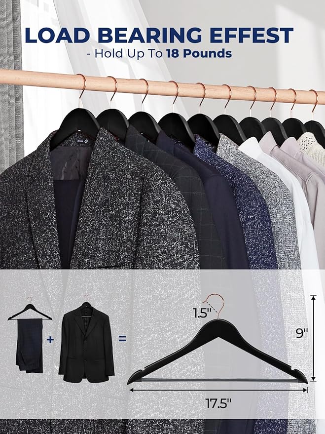 Smartor Wooden Hangers 20 Pack, Solid Wood Coat Hanger for Closet, Heavy Duty Wood Hangers for Suits, Shirts, Dresses, with 360° Rose Gold Hook, Non Slip Pant Bar, Black