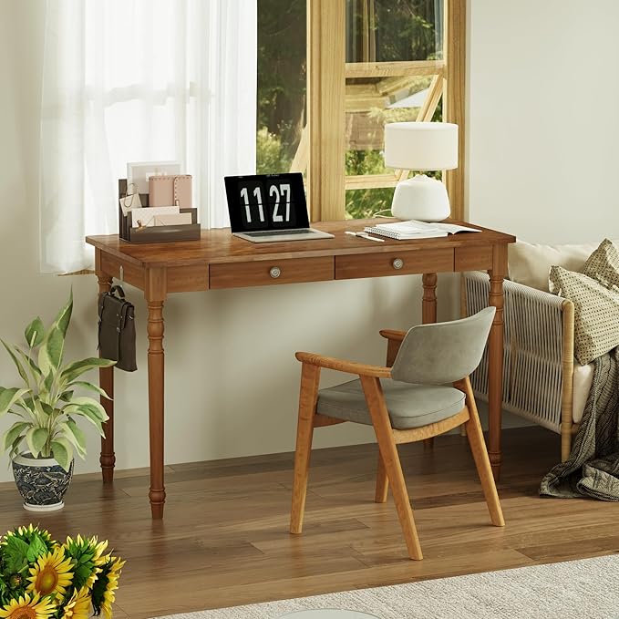 Solid Wood Desk with Drawers - 48 Inch Writing Desk with Drawers, Mid Century Modern Desk with 2 Hooks, Rubber Wood Study Table for Bedroom, Living Room & Office, Walnut Color