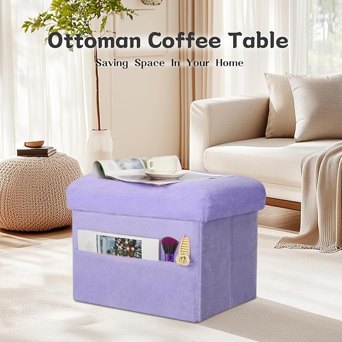 Small Ottoman with Storage, Folding Soft Fur Storage Foot Rest Stool with Thicker Furry Padded Seat. Ottoman Bench for Bedroom Living Room, Holds Up to 300 lbs, 17x13x13IN (Purple)