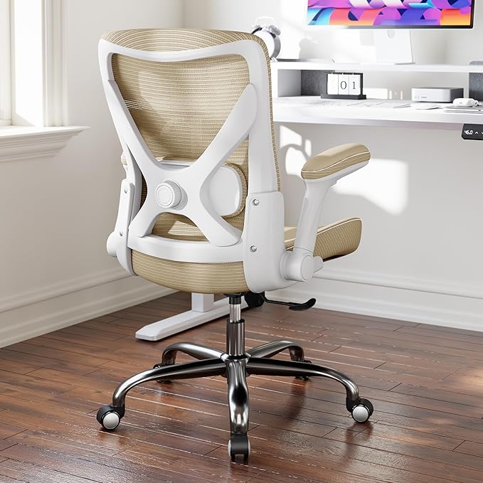 Office Home Ergonomic Desk Chair-Computer X-Shaped Chair Mesh PU Leather with Adjustable Lumbar Support-Executive Chair High Back Flip-Up Arms for Long Hours (Khaki-No Headrest)