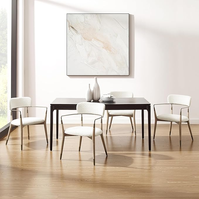 Art Leon Wishbone Dining Chairs - Mid Century Modern Dining Room Chairs, Boucle Fabric Upholstered Accent Chairs with Wood Legs, Arm Chair with Open Backrest, Set of 4, White