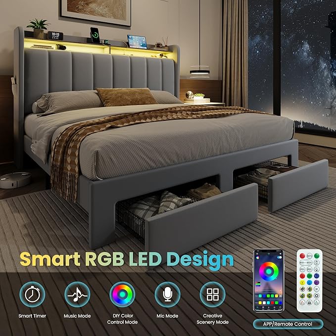 SHA CERLIN Velvet Queen Bed Frame with Vertical Channel Tufted Wingback Headboard & 2 Storage Drawers/2-Tier Shelves with LED Lights & Charging Station/Noise-Free/No Box Spring Needed/Light Grey