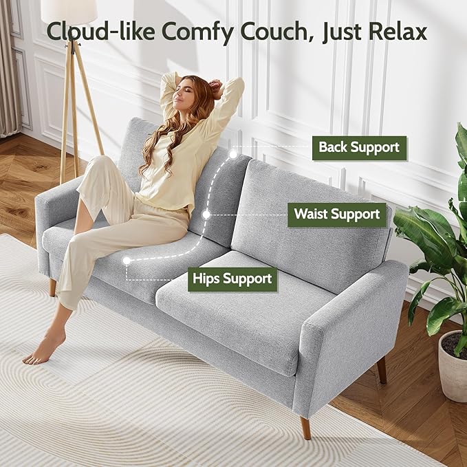 WEUP 68" Loveseat Sofa Light Grey Linen Couch, Mid Century Modern Love Seat Couches for Living Room, Small Loveseat for Bedroom Office, Comfy Sofa with Spring Cushion, Solid Wood, Tool-Free Assembly