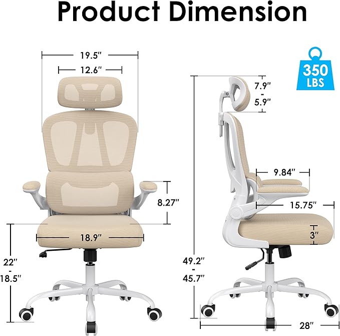 Farini Ergonomic Office Chair, Desk Chair with Headrest and Lumbar Support, High Back Swivel Home Office Chair with Headrest for Home Office Bedroom, Gifts, White & Khaki