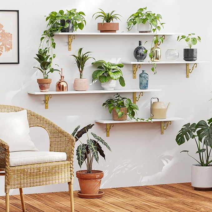 DINZI LVJ Long Wall Shelves, 31.5" Large Floating Shelves Set of 4, Farmhouse Display Shelf Wall Mounted with Heavy Duty Bracket, Easy Assembly for Kitchen, Bathroom, Bedroom, Balcony, White and Gold