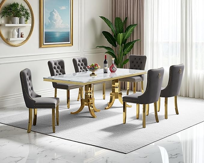 Goujxcy Faux Marble Dining Table Set for 6, Modern 7-Piece Dining Table Set with 6 Velvet Upholstered Chairs, 70" Large Long Faux Marble Kitchen Dining Room Table and Chairs with Stainless Steel Legs
