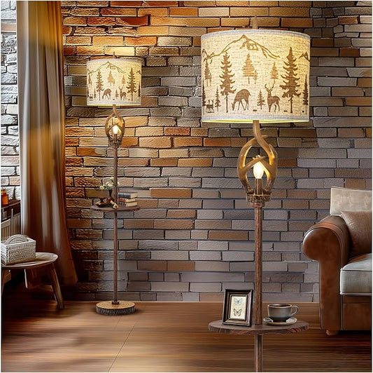 Vintage Deer Antlers Floor Lamps For Living Room with Night Light, Rustic Tall Lamp Decor For Bedroom with Metal Tray. Farmhouse Standing Lamp For Home Office Study Restaurant (Bulb Included)