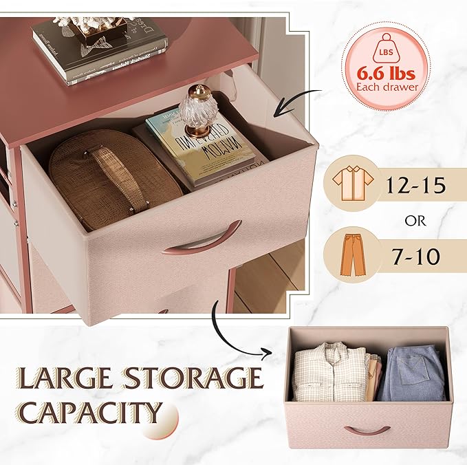 WLIVE 4 Drawers Dresser for Bedroom, Pink Rose Gold Fabric Clothes Storage Organizer Unit, Dresser for Hallway, Entryway, Closets, Sturdy Steel Frame, Wood Top