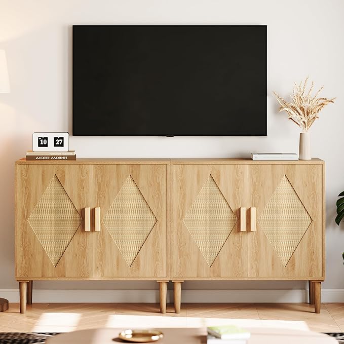 GarveeHome Buffet Cabinet with Storage, Storage Cabinet with 2 Rattan Decorated, Sideboard Cabinets, Accent Cabinets for Living Room, Dining Room, Entryway, Natural