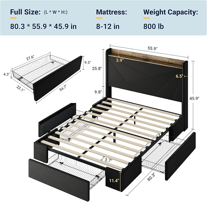 Allewie Full Size Velvet Bed Frame with 3 Storage Drawers, Upholstered Platform Bed with Wingback Storage Headboard and USB Ports, No Box Spring Needed, Easy Assembly, Black