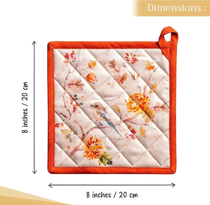 Maison d' Hermine Pot Holders 100% Cotton Heat Resistant Potholders 8" x 8" Hot Pads with Loop for Thanksgiving Christmas Decorations BBQ Cooking Baking Handling Hot Pans (Pack of 1, Kelim - Prairie)