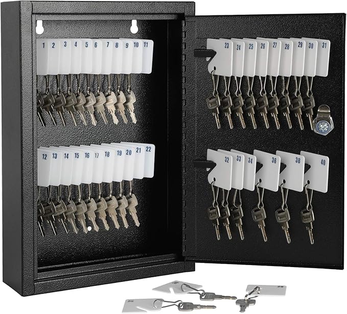 KYODOLED Key Storage Lock Box Wall Mount, Locking 40 Key Cabinet Holder Box with Key Lock, Hooks & Labels for Home, Office, Commercial Management, 2.5" D x 8.1" W x 12.1" H, Black