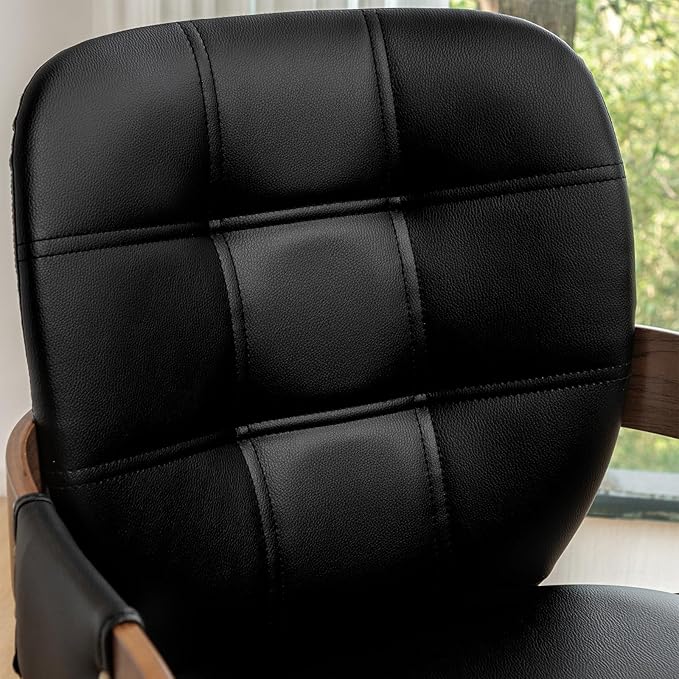 Set of 4 Mid Century Modern Chairs - Swivel Dining Chairs with Arms and Curved Back, Faux Leather Reception Room Chairs, Ideal for Kitchen/Living Room/Reception/Desk (Walnut Black)