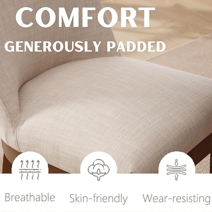 Modern Dining Chairs Set of 2 Comfortable Dining Room Chairs with Back, Linen Fabric Upholstered Kitchen Side Chairs with Natural Wood Legs for Living Room, Beige