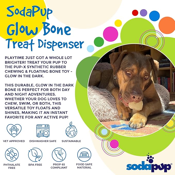 SodaPup Glow Bone – Durable Dog Treat Dispenser & Chew Toy Made in USA from Non-Toxic, Pet Safe, Food Safe Natural Rubber for Mental Stimulation, Problem Chewing, Calming Nerves & More