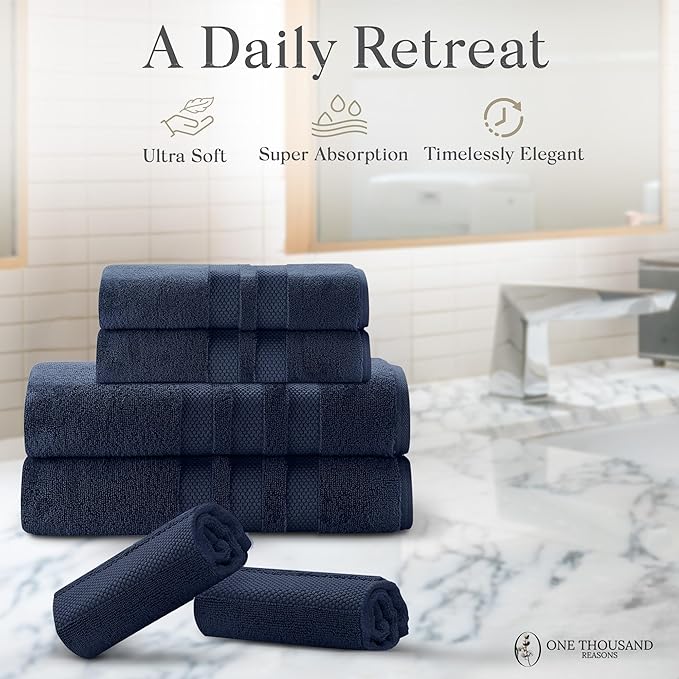Premium Staple Cotton Bathroom Towel Set - Navy 600 GSM 6-Piece Luxury Bath Towel Set 3 Stripe - 2 Bath Towels, 2 Hand Towels & 2 Washclothes Set - High Absorbent & Quick Dry for Gym, Spa, Hotel