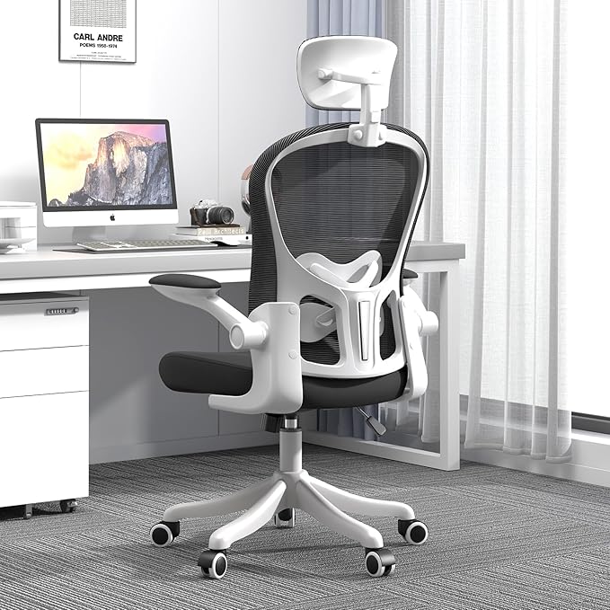 Mesh Office Chair with Adjustable Lumbar Support and Headrest, Ergonomic High Back Task Chair for Home Office, Flip-Up Arms 90-120° Tilt Lock Rolling Swivel Work Chairs (White-Black6065)